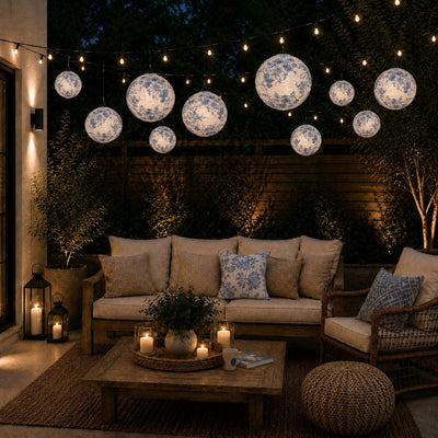 Blue floral paper lanterns hang above a cozy outdoor patio lounge - thumbnail number 9