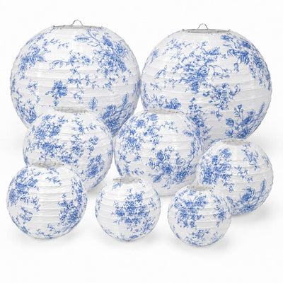 Set of 8 French Toile Hanging Paper Lanterns White with Blue Floral Pattern, Decorative Lanterns - 6", 8", 10", 14"