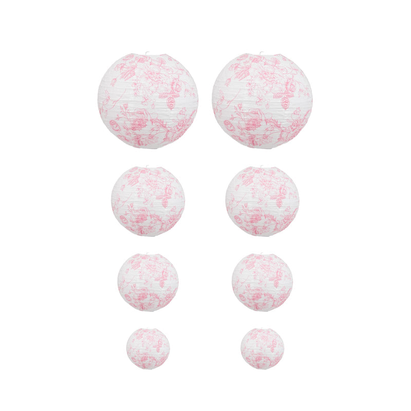 Set of white paper lanterns with pink floral print in various sizes on white background - thumbnail number 1