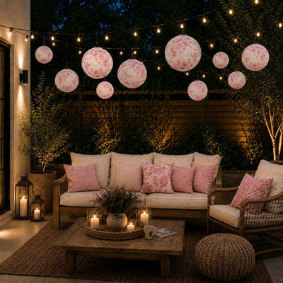 Pink floral French toile paper lanterns hanging over an evening patio - thumbnail number 9