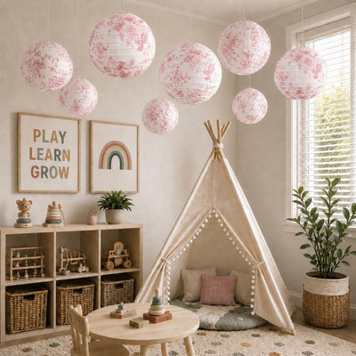 French toile hanging paper lanterns in pink floral pattern - thumbnail number 10