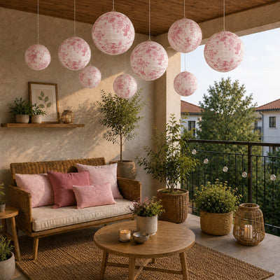 Pink floral French toile paper lanterns hanging on a patio - thumbnail number 11