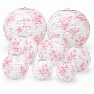 Set of 8 French Toile Hanging Paper Lanterns White with Pink Floral Pattern, Decorative Lanterns - 6", 8", 10", 14"