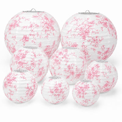 Set of 8 French Toile Hanging Paper Lanterns White with Pink Floral Pattern, Decorative Lanterns - 6", 8", 10", 14"