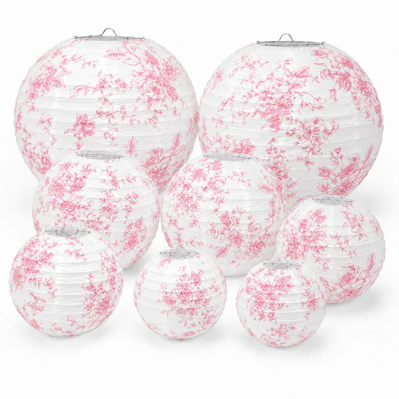 Set of 8 white and pink floral French toile paper lanterns - thumbnail number 1