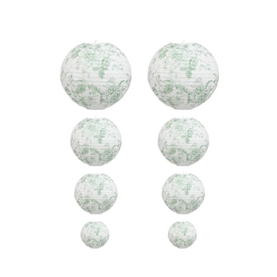 Set of 8 French Toile Hanging Paper Lanterns White with Sage Green Floral Pattern, Decorative Lanterns - 6", 8", 10", 14"