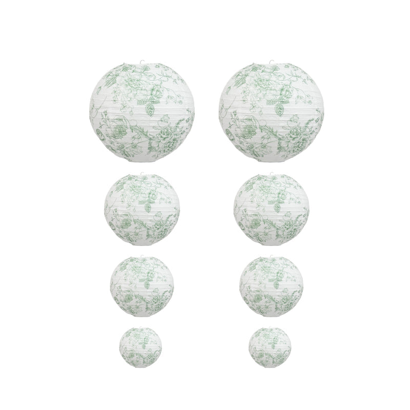Set of white paper lanterns with green floral print in various sizes on white background - thumbnail number 1