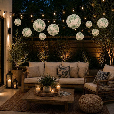 Green floral paper lanterns hang over a cozy outdoor patio seating area - thumbnail number 9