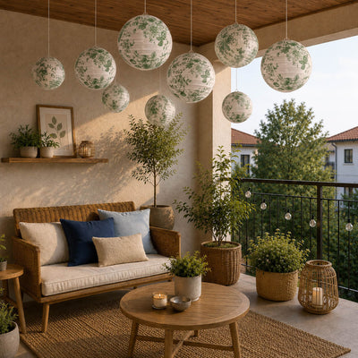 Green floral paper lanterns hang above a cozy apartment balcony seating area - thumbnail number 11
