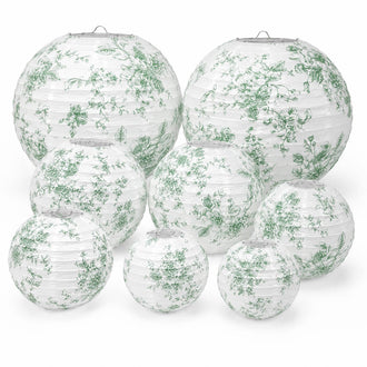 Set of 8 French Toile Hanging Paper Lanterns White with Sage Green Floral Pattern, Decorative Lanterns - 6", 8", 10", 14"