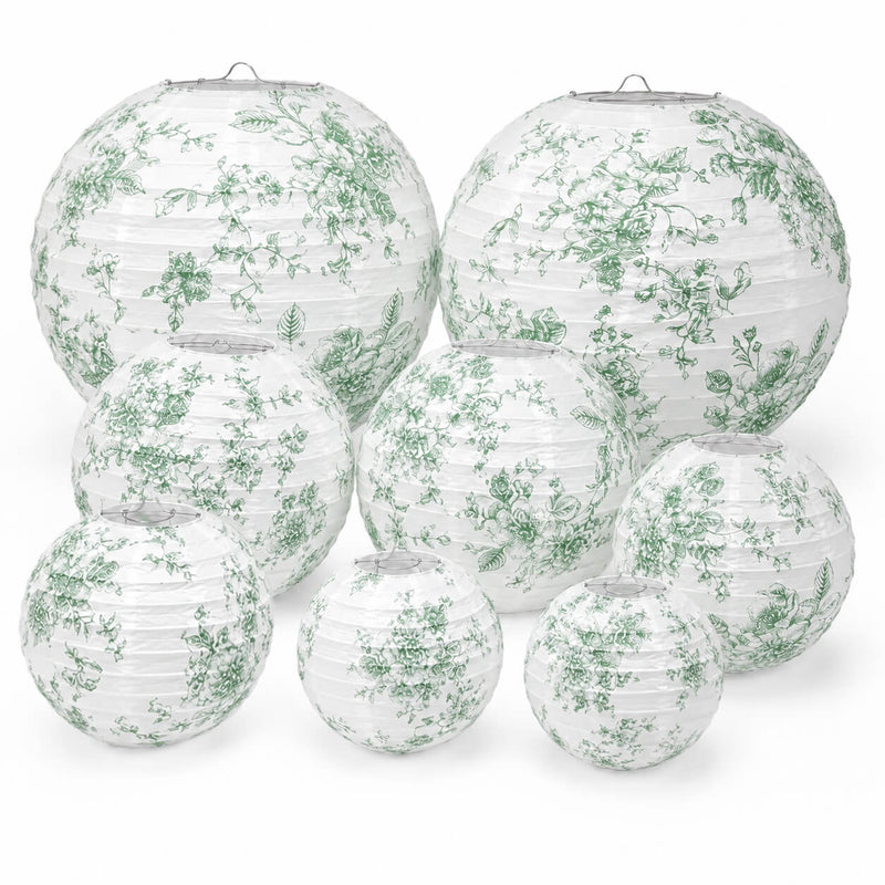 Set of eight white and green floral paper lanterns in various sizes - thumbnail number 1