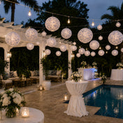 Blue and white French toile paper lanterns hanging over a pool patio - thumbnail number 5