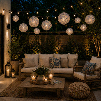 Blue and white French toile paper lanterns hanging over an outdoor patio seating area - thumbnail number 9