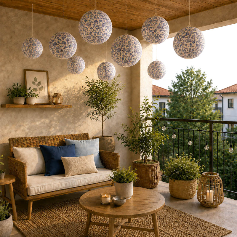 Blue and white French toile paper lanterns hanging over an outdoor porch seating area - thumbnail number 11