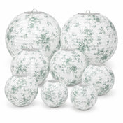 Set of eight white and green toile paper lanterns in various sizes - thumbnail number 1