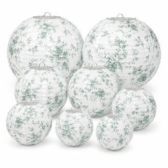 Set of 8 White Sage Green Hanging Paper Lanterns in French Toile Floral Pattern, Chinese Festival Lanterns - 6",8",10",14"