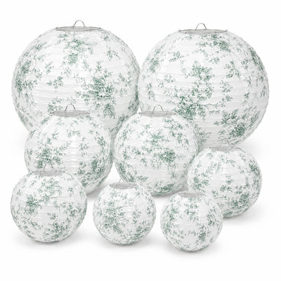 Set of 8 White Sage Green Hanging Paper Lanterns in French Toile Floral Pattern, Chinese Festival Lanterns - 6",8",10",14"