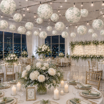 White and green toile paper lanterns hanging over an indoor reception hall - thumbnail number 3