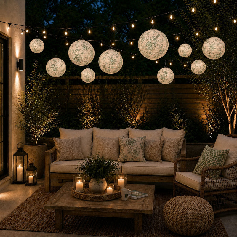 White and green toile paper lanterns hanging over an outdoor patio seating area - thumbnail number 9