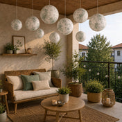 White and green toile paper lanterns hanging on a covered patio - thumbnail number 11