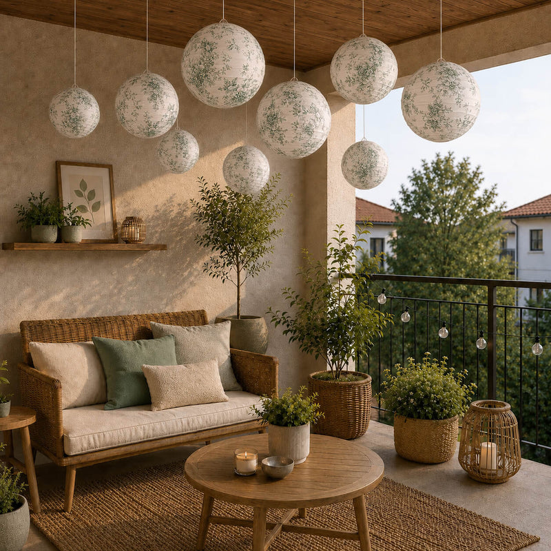 White and green toile paper lanterns hanging on a covered patio - thumbnail number 11