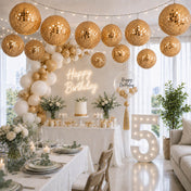Hanging gold sequin lanterns decorating a festive birthday party scene - thumbnail number 2