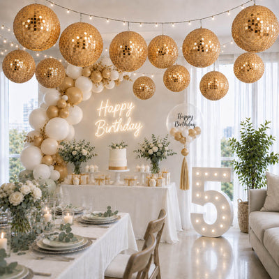 Hanging gold sequin lanterns decorating a festive birthday party scene - thumbnail number 2