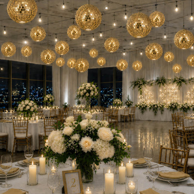Hanging gold sequin lanterns illuminating a grand wedding reception ballroom - thumbnail number 3