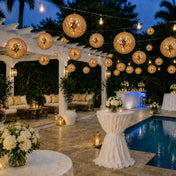 Hanging gold sequin lanterns glowing over a poolside party lounge at night - thumbnail number 5