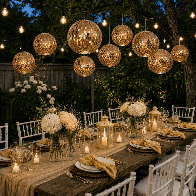 Hanging gold sequin lanterns glowing over a candlelit outdoor dinner party table - thumbnail number 6