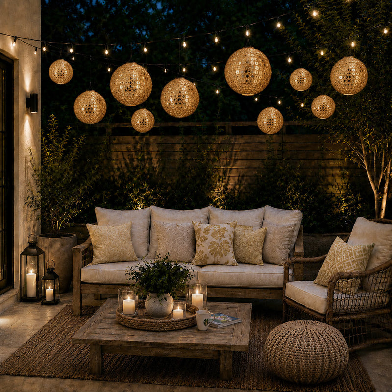 Hanging gold sequin lanterns glowing over a cozy patio lounge at night - thumbnail number 8
