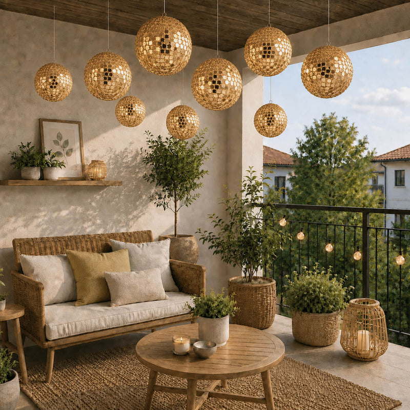 Hanging gold sequin lanterns over a bright outdoor patio - thumbnail number 9