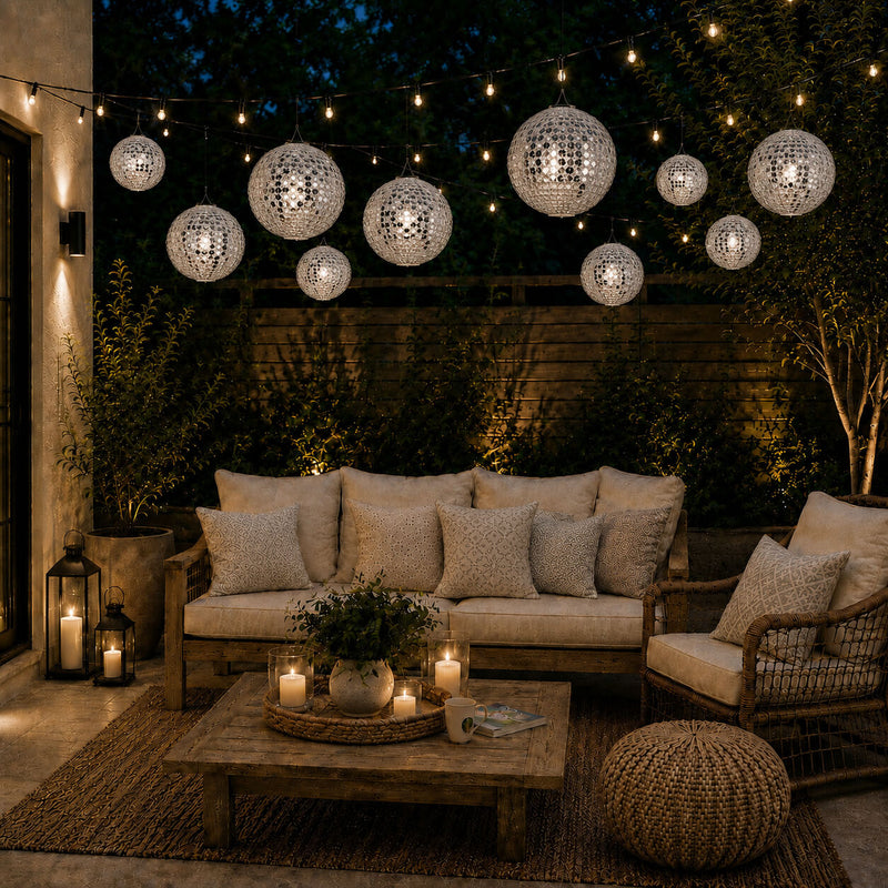Hanging silver payette sequin lanterns glowing over a cozy patio lounge at night - thumbnail number 10
