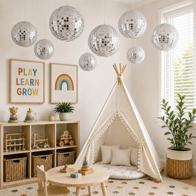 Hanging silver payette sequin lanterns in a playful children's room - thumbnail number 11