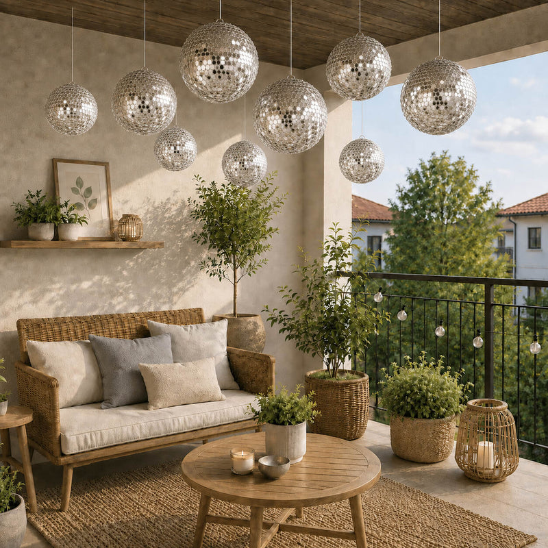 Hanging silver payette sequin lanterns over a bright outdoor patio - thumbnail number 9