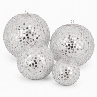 Set of 4 Shimmer Silver Payette Sequin Hanging Lanterns, Large Decorative Round Foldable Fabric Chinese Lantern Lampshades - 12",14",16",20"