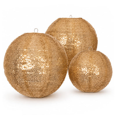 Set of 3 Shimmer Gold Sequin Fabric Hanging Lanterns, Large Decorative Round Foldable Chinese Lantern Lampshades - 14",16",20"