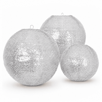 Set of 3 Shimmer Silver Sequin Fabric Hanging Lanterns, Large Decorative Round Foldable Chinese Lantern Lampshades - 14",16",20"