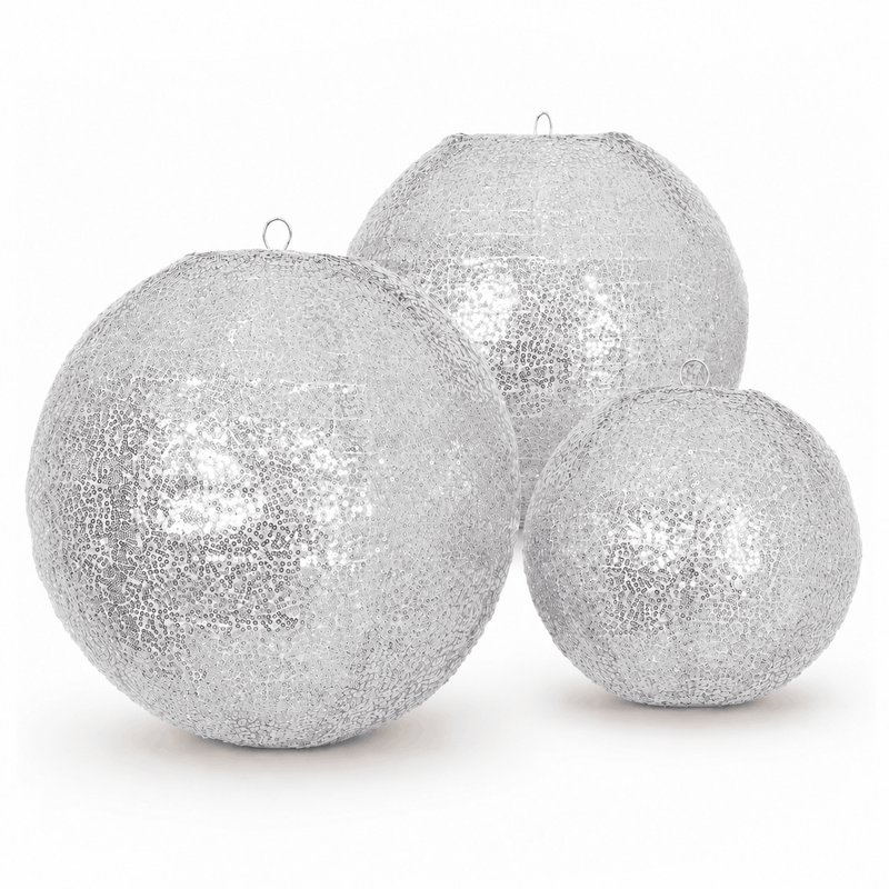 Set of 3 shimmering silver sequin fabric hanging lanterns in 14, 16, and 20 inch sizes - thumbnail number 1