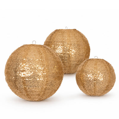 Set of 3 Shimmer Gold Sequin Fabric Hanging Lanterns, Decorative Round Foldable Chinese Lantern Lampshades - 8",10",12"