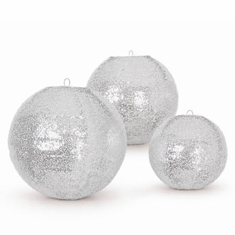 Set of 3 Shimmer Silver Sequin Fabric Hanging Lanterns, Decorative Round Foldable Chinese Lantern Lampshades - 8",10",12"