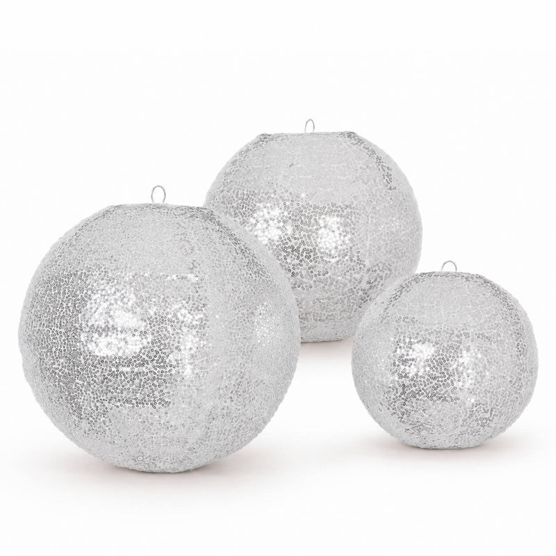 Set of 3 shimmering silver sequin fabric decorative hanging lantern lampshades in varying sizes - thumbnail number 1