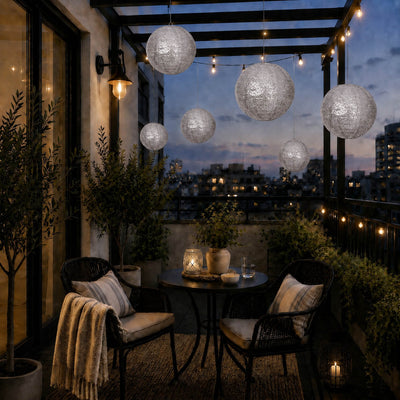 Shimmer silver sequin fabric hanging lanterns on a balcony - thumbnail number 6