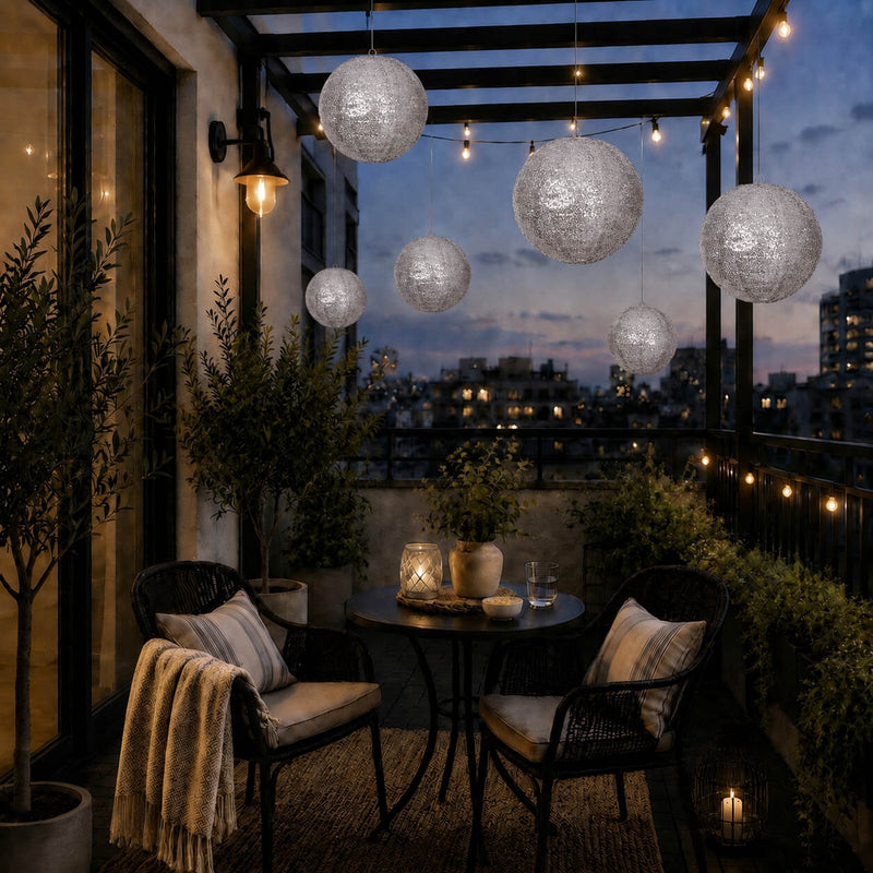 Shimmer silver sequin fabric hanging lanterns on a balcony - thumbnail number 6