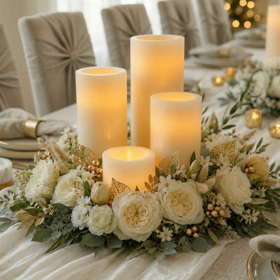 Assorted flameless LED pillar candles on elegant floral dining table centerpiece - thumbnail number 5