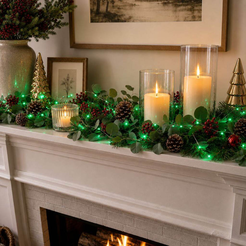 20 LED green micro fairy string lights woven into a holiday mantel garland with pinecones - thumbnail number 8