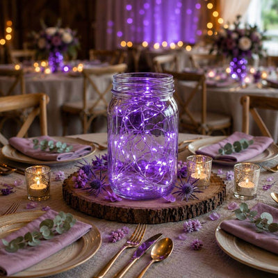Purple LED fairy lights inside a glass mason jar centerpiece on a wedding table - thumbnail number 5
