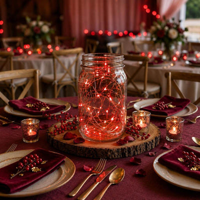 Red LED fairy lights inside a glass mason jar centerpiece on a rustic wedding table - thumbnail number 5