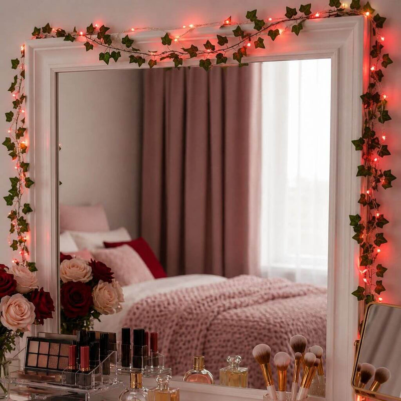 Red LED fairy lights intertwined with faux ivy leaves draped around a vanity mirror - thumbnail number 8
