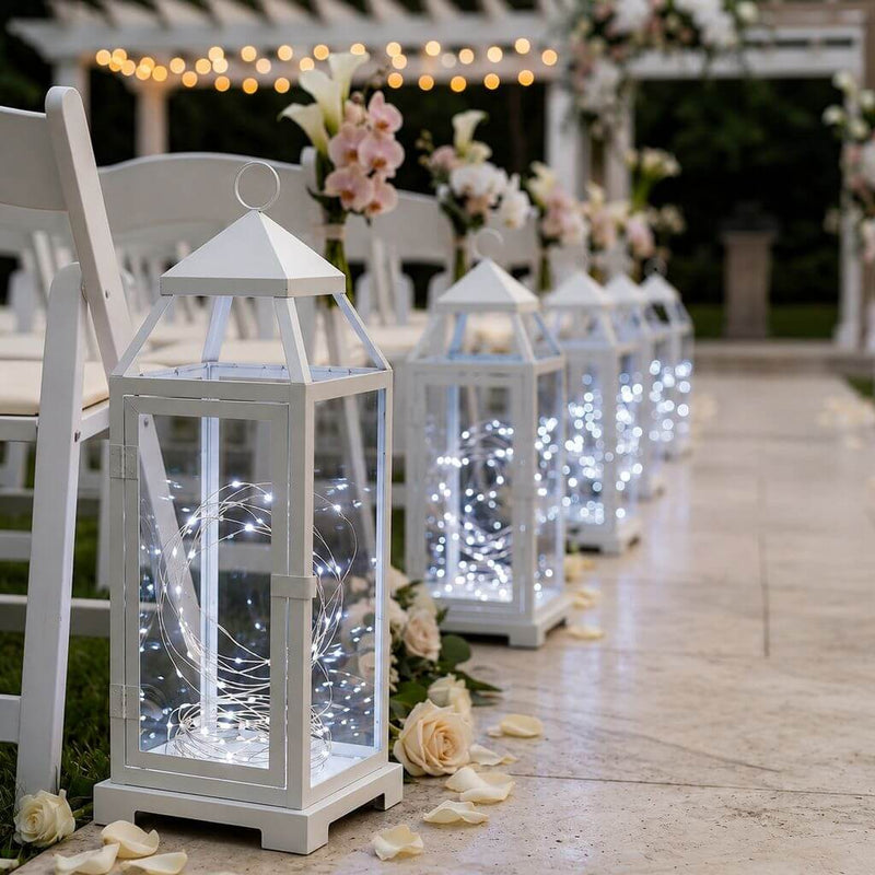 White decorative lanterns filled with white LED fairy lights lining a wedding aisle - thumbnail number 4